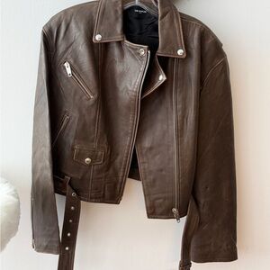 The Kooples Dark Brown Leather Moto Jacket with Silver Hardware